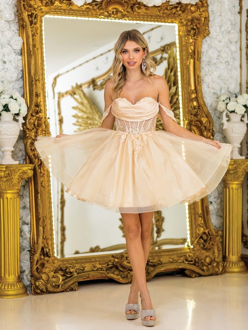 NEW CHAMPAGNE Evening Gown Floor Length Formal Elegant Stunning 3409